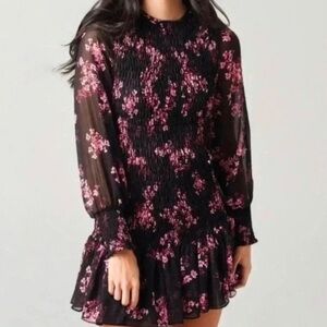 Misa LA Black Pink Floral Roisin Long Sleeve Mini Dress
